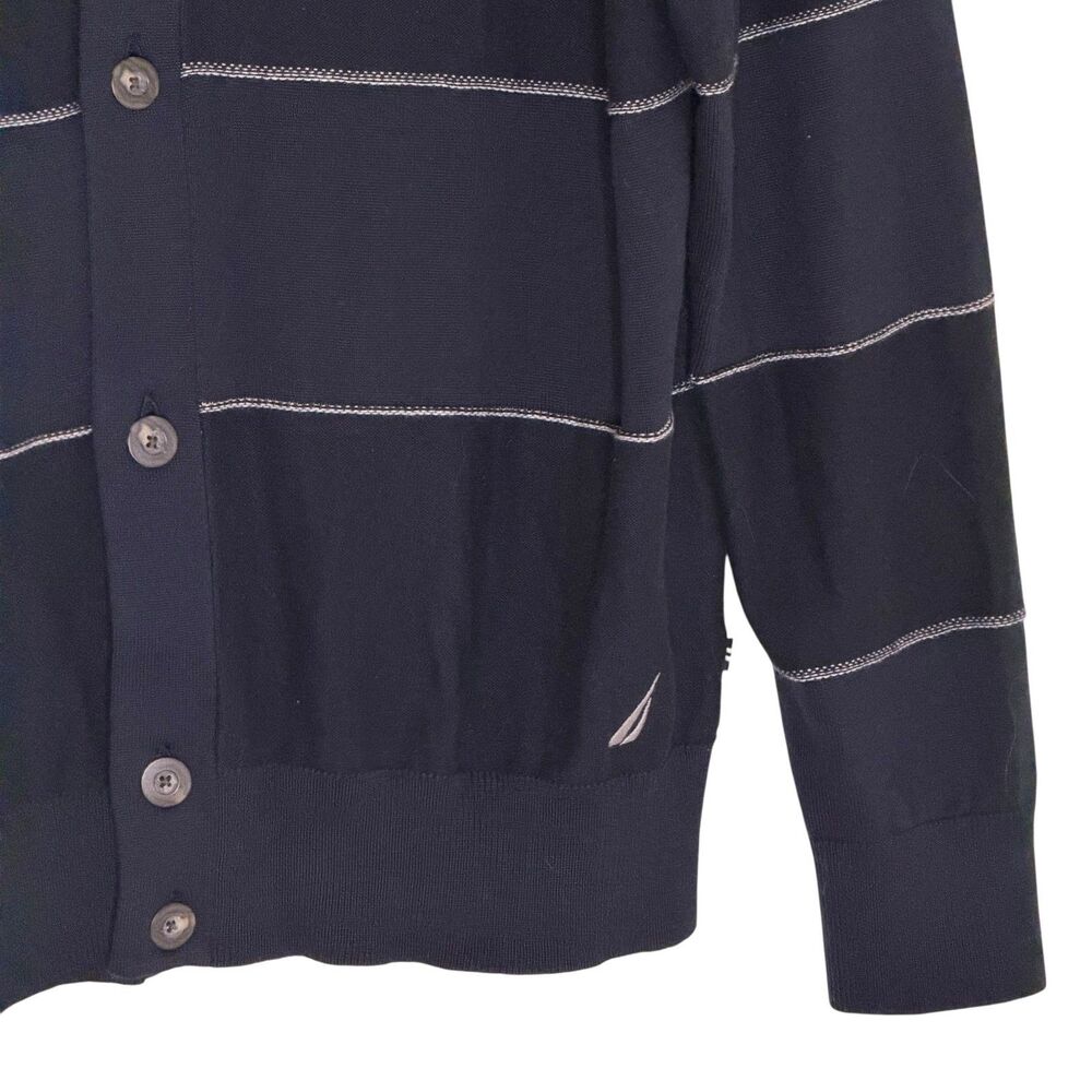 Nautica Mens Shawl Neck Cardigan Sweater Button Front Stripe Blue L bv - Picture 3 of 6